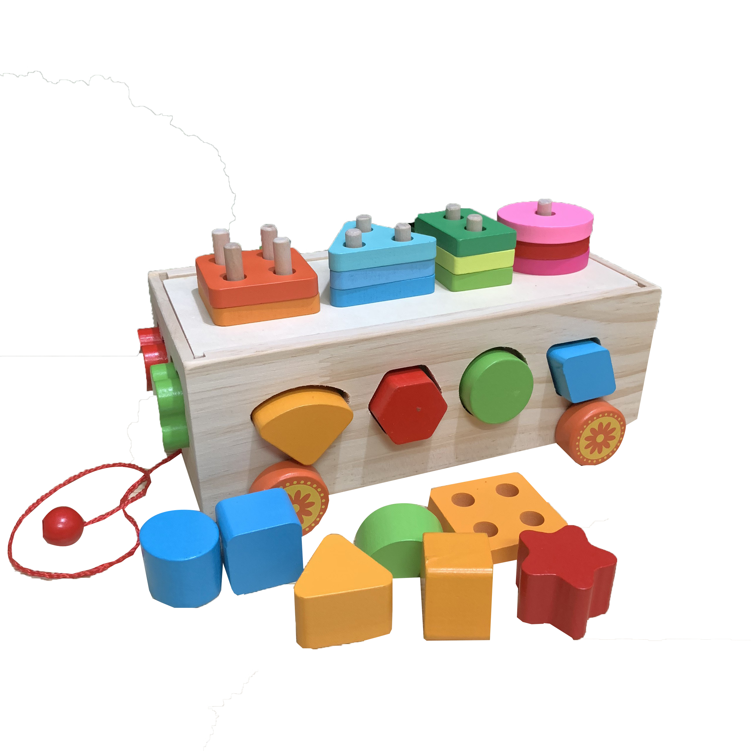 Baby wooden 2-in-1 building number puzzle drop ship car toy