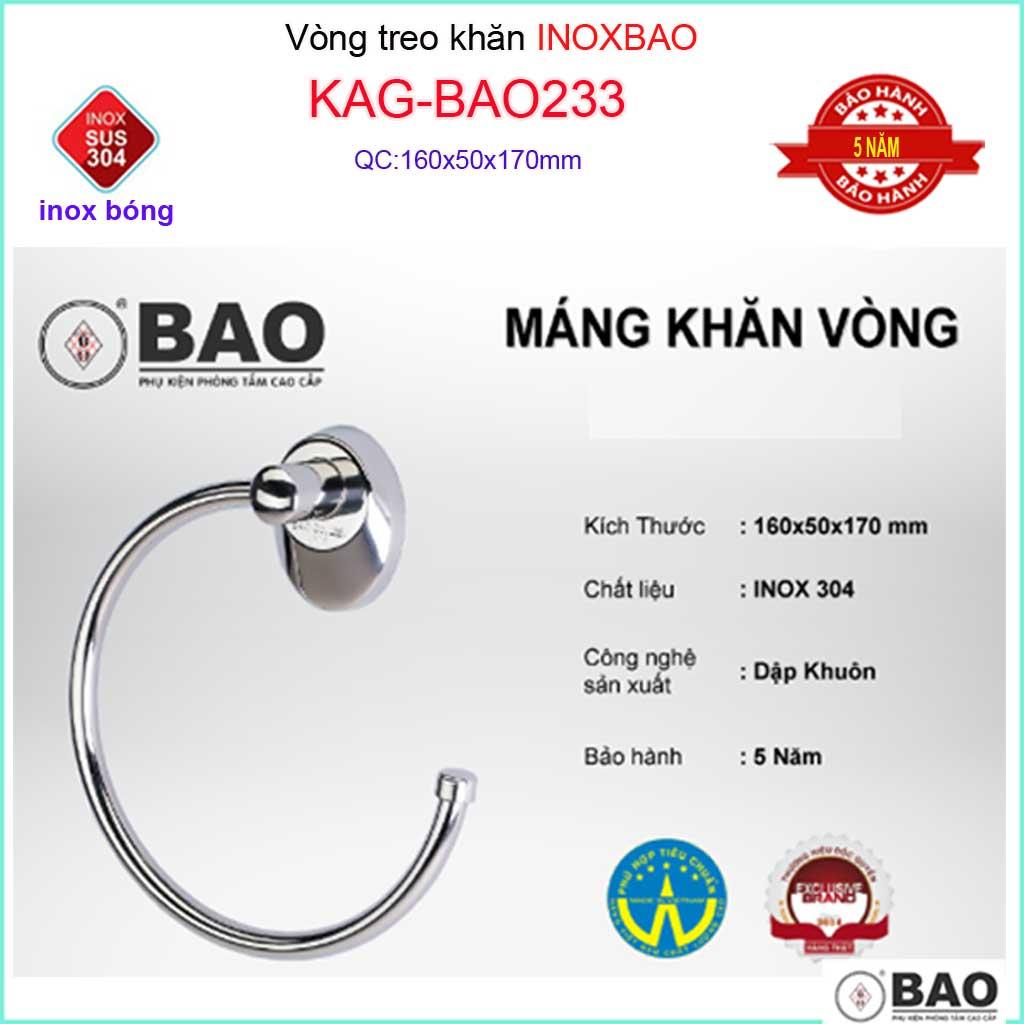 Vòng treo khăn Inox Bảo KAG-BAO233, máng treo khăn khô bồn tắm đứng SUS304 dập khuôn thiết kế tuyệt đẹp tiện dụng