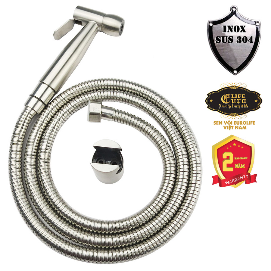 (Có video) Bộ vòi xịt vệ sinh Inox SUS 304 Eurolife EL-X05-1(Trắng vàng) Chất liệu inox bền chắc Dây dài 150cm Dễ lắp đặt
