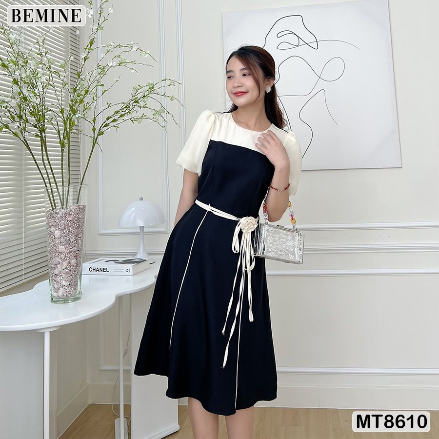Đầm thiết kế phối tay phồng đính nơ eo BEMINE MT8610