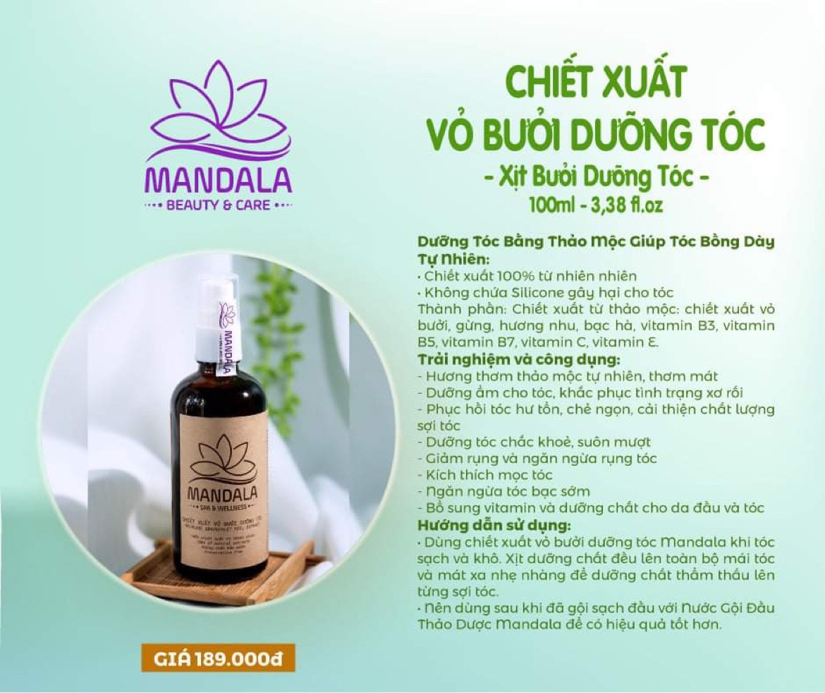 Xịt bưởi dưỡng tóc Mandala 100ml, chai thuỷ tinh