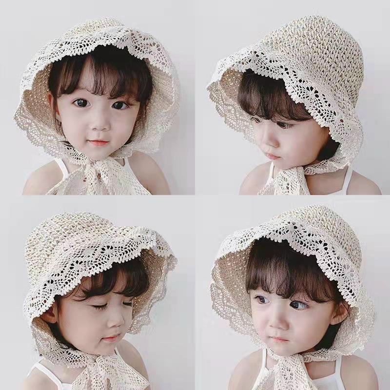 Mũ Sợi Cói Vành Ren Tiểu Thư Cho Bé