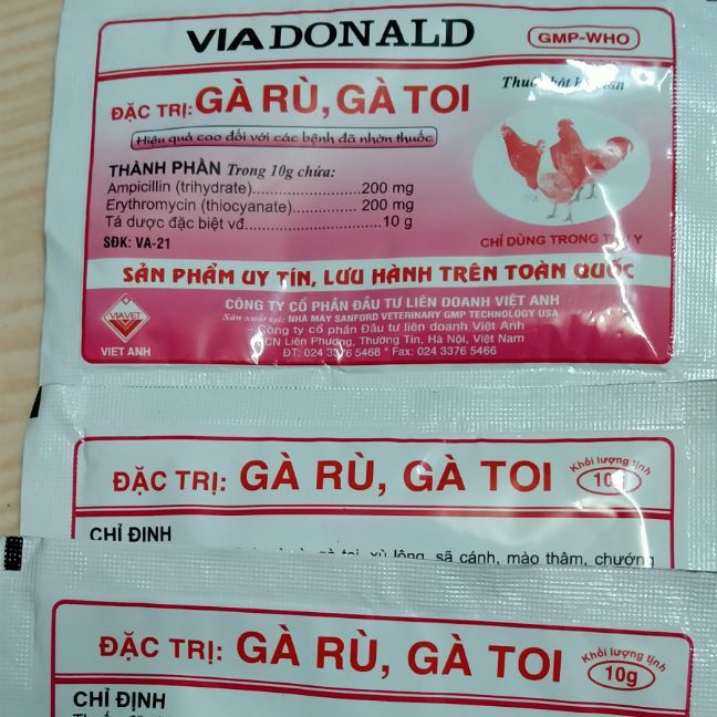 Gà bị rù,toi, sả cánh, màu thâm khẹt đêm Donal 10g,10gói