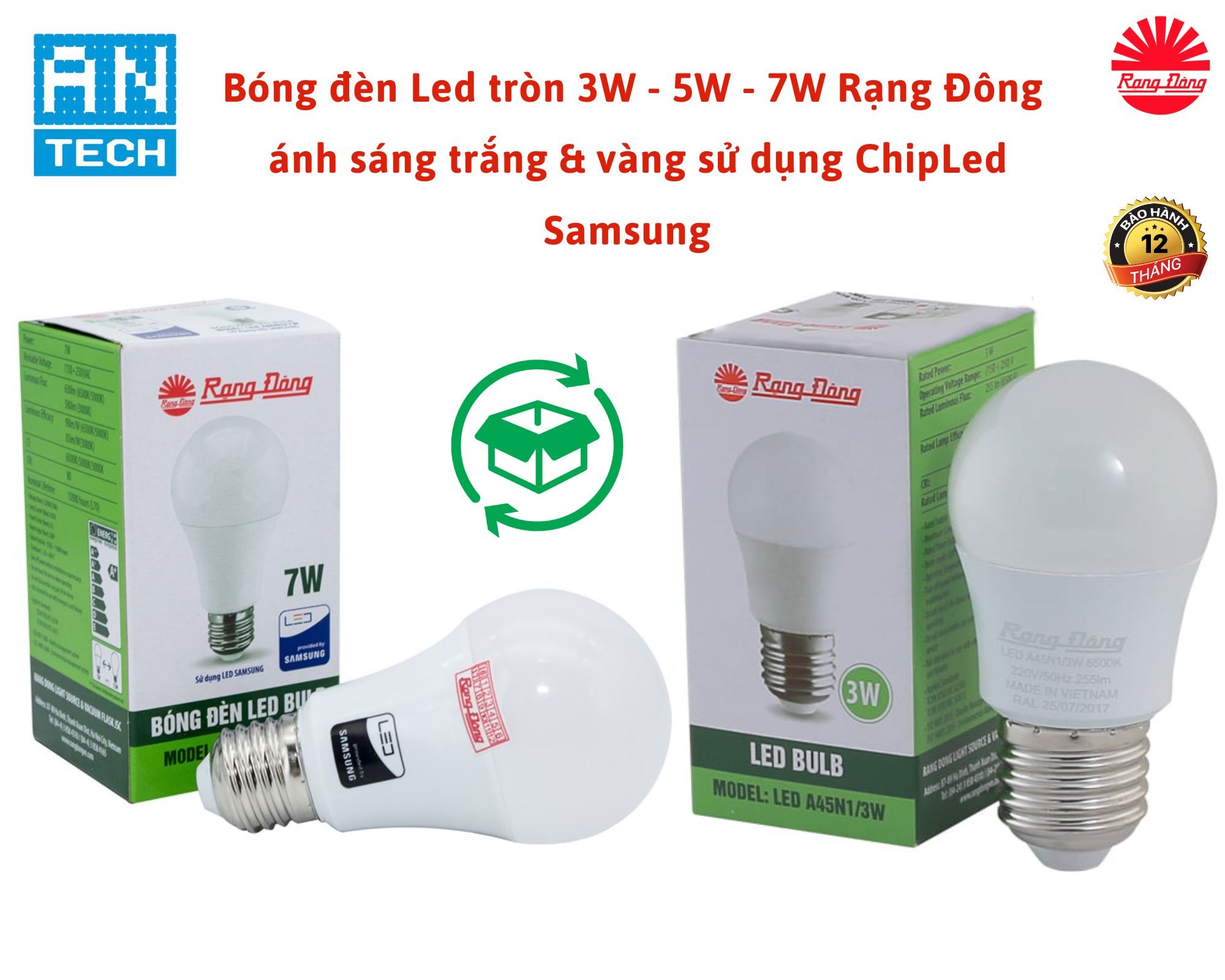 Bóng đèn led tròn 3w - 5w - 7w rạng đông ánh sáng trắng & vàng sử dụng chipled samsung