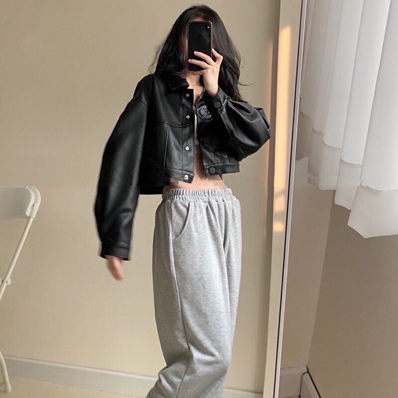 Áo khoác da croptop dài tay màu đen trơn bassic AKD02- áo croptop da dài tay khuy cài kiểu mới- áo khoác bomber jackit cá tính năng động- áo khoác thể thao unisex phong cách ulzzang áo da nữ thời trang hàn quốc AMELIA