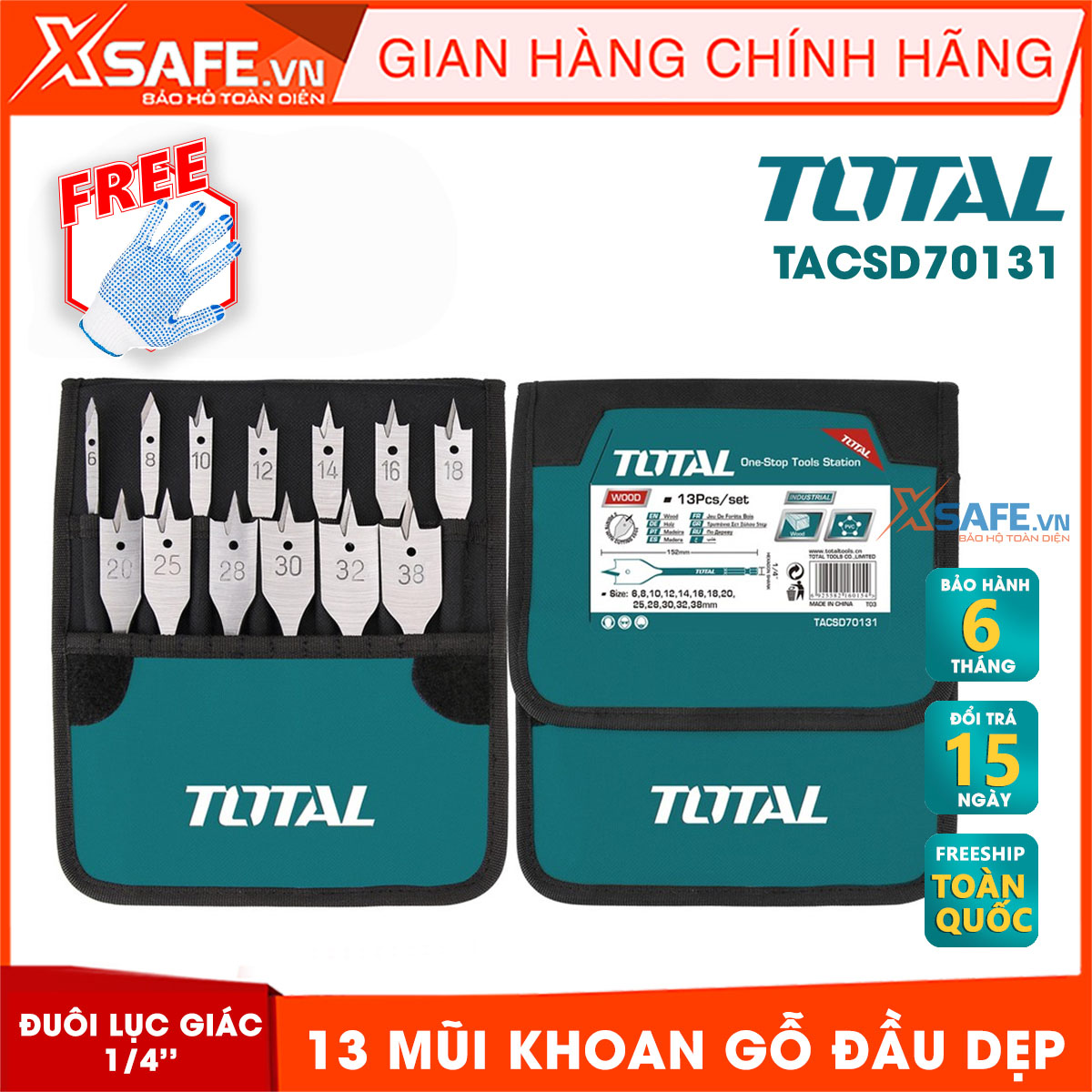 Combo 13 mũi khoan gỗ đầu dẹp TOTAL TACSD70131 , mũi khoan gỗ đuôi lục giác chiều dài 152mm, có thiết kế an toàn, nhỏ gọn, thông minh và mang đến cảm giác thoải
