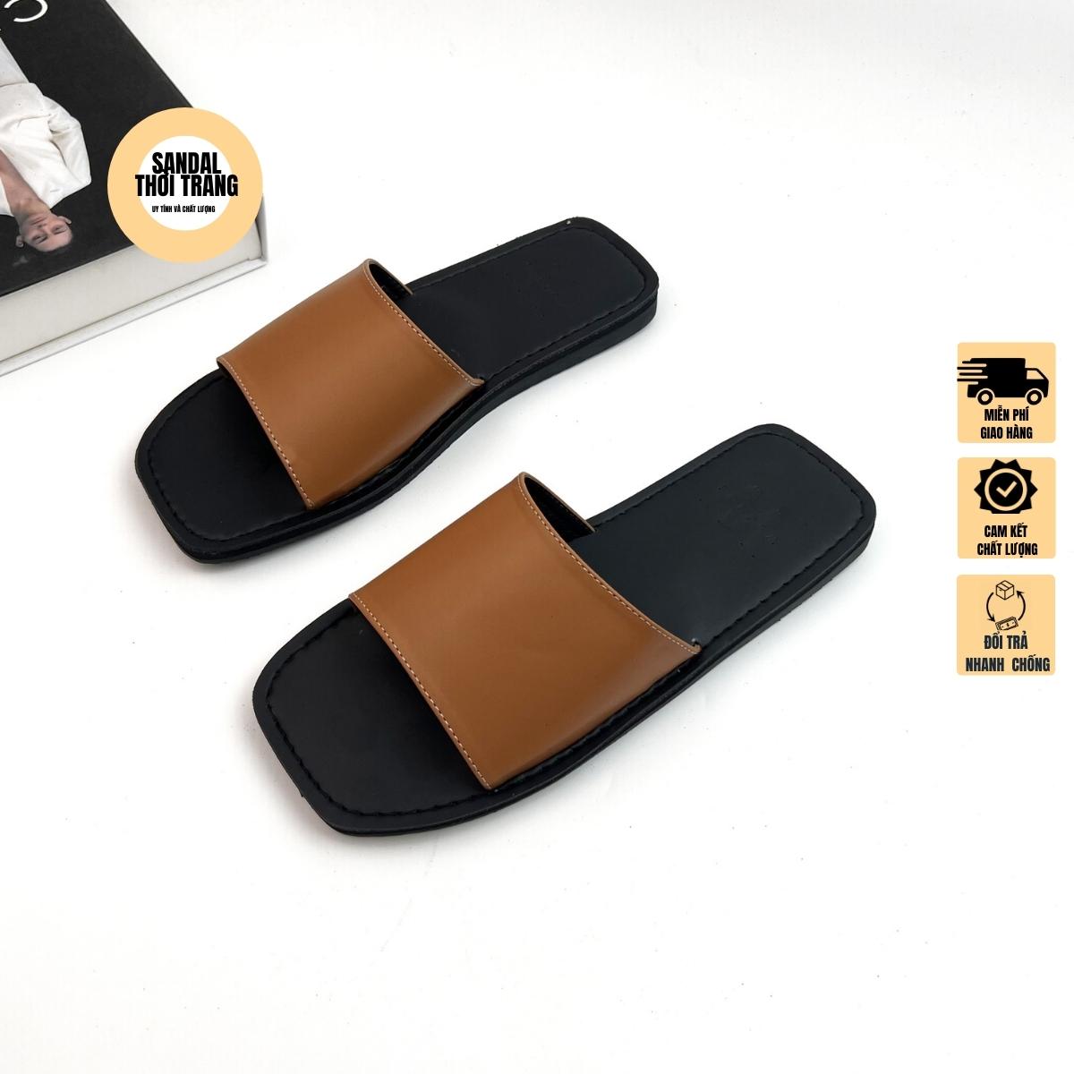 Dép sandal quai ngang mũi vuông, Dép nam nữ cao cấp đế bệt Trắng/đen/ nâu size 34-44 nam nữ