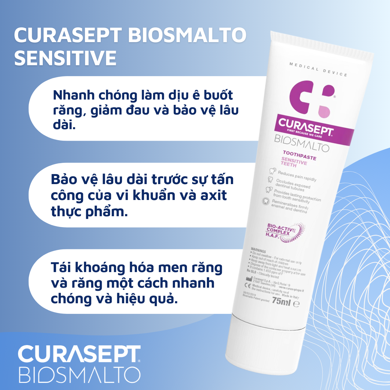 Kem đánh răng Curasept Biosmalto Sensitive, răng ê buốt, niềng răng