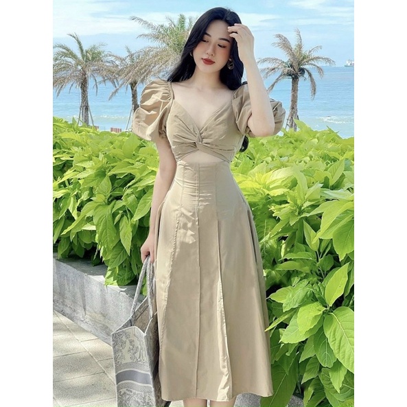 Đầm kem xoắn ngực cut-out