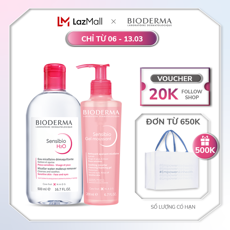 Bộ nước tẩy trang và làm sạch Micellar cho da nhạy cảm Bioderma Sensibo H2O 500ml và gel rửa mặt tạo bọt 200ml
