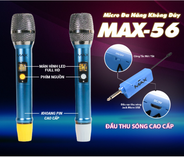 [HÀNG MỚI - SALE SIÊU KHỦNG] BỘ ĐÔI MIC MAX 56 KHÔNG DÂY ĐA NĂNG CAO CẤP- Hút Âm Tốt, Chống Hú Hiệu Quả - Sạc Pin Ngay Trên Mic - Sử Dụng Pin Sạc Dung Lượng Cao - Màn Hình LCD Hiển Thị Tần Số - Phù Hợp Mọi Thiết Bị.