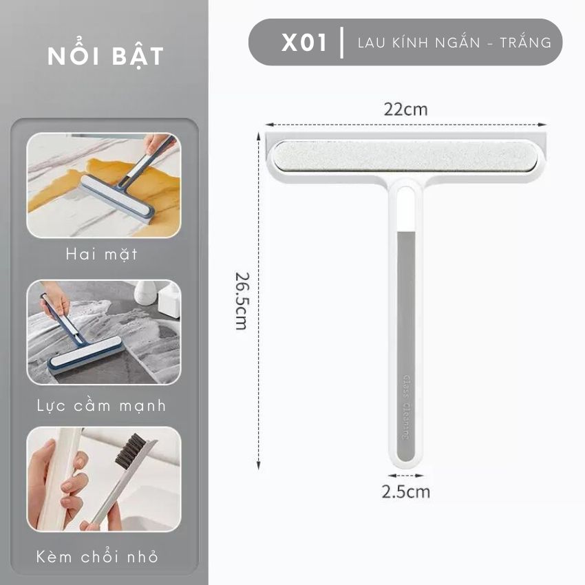 Cây gậy lau kính 2 chức năng kèm chổi quét khe kẽ, dụng cụ lau kính 2 mặt đa năng cán dài