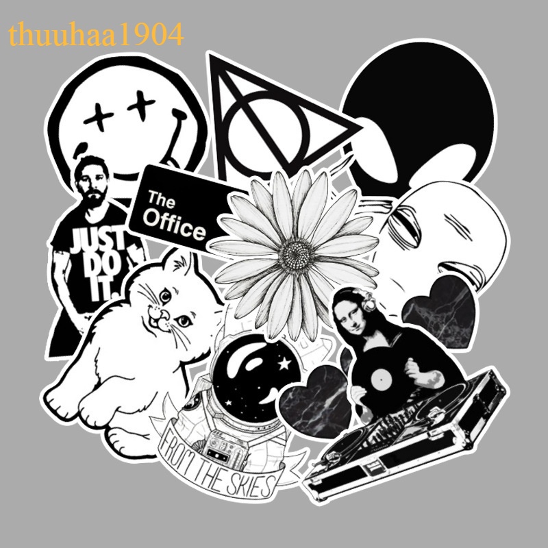 50 Sticker MÀU ĐEN TRẮNG chống nước sticker dán laptop, điện thoại, đàn guitar, mũ bảo hiểm, vali không trùng nhau