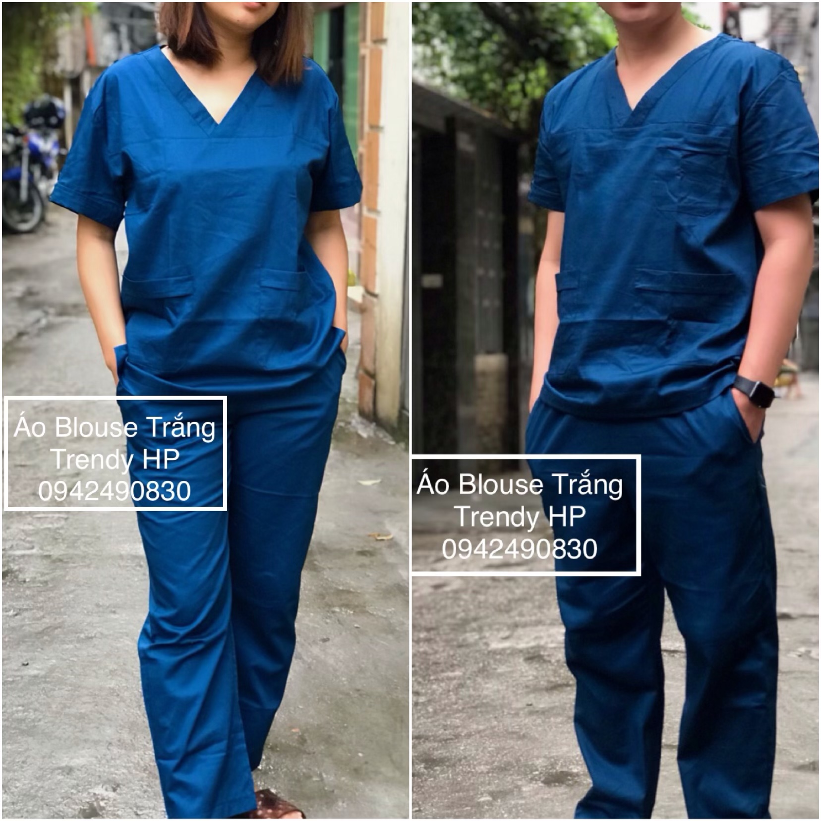 Bộ scrubs Nam, Nữ Cộc Tay màu Xanh Navy - bộ quần áo cổ tim nam nữ cộc tay