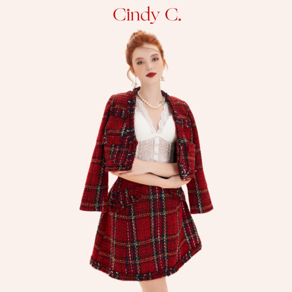 Áo khoác Chân váy CINDY C chất dạ Tweed cao cấp màu đỏ và hồng
