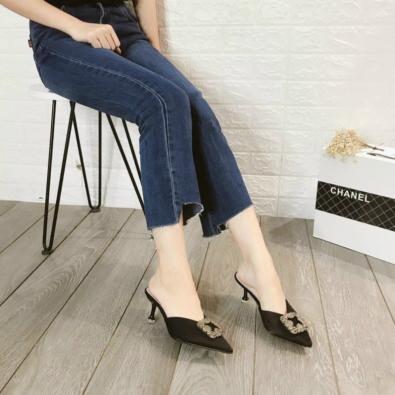Giày nữ tiểu thư phối khoá đá vuông cao cấp gót nhọn 5cm sang chảnh giá rẻ