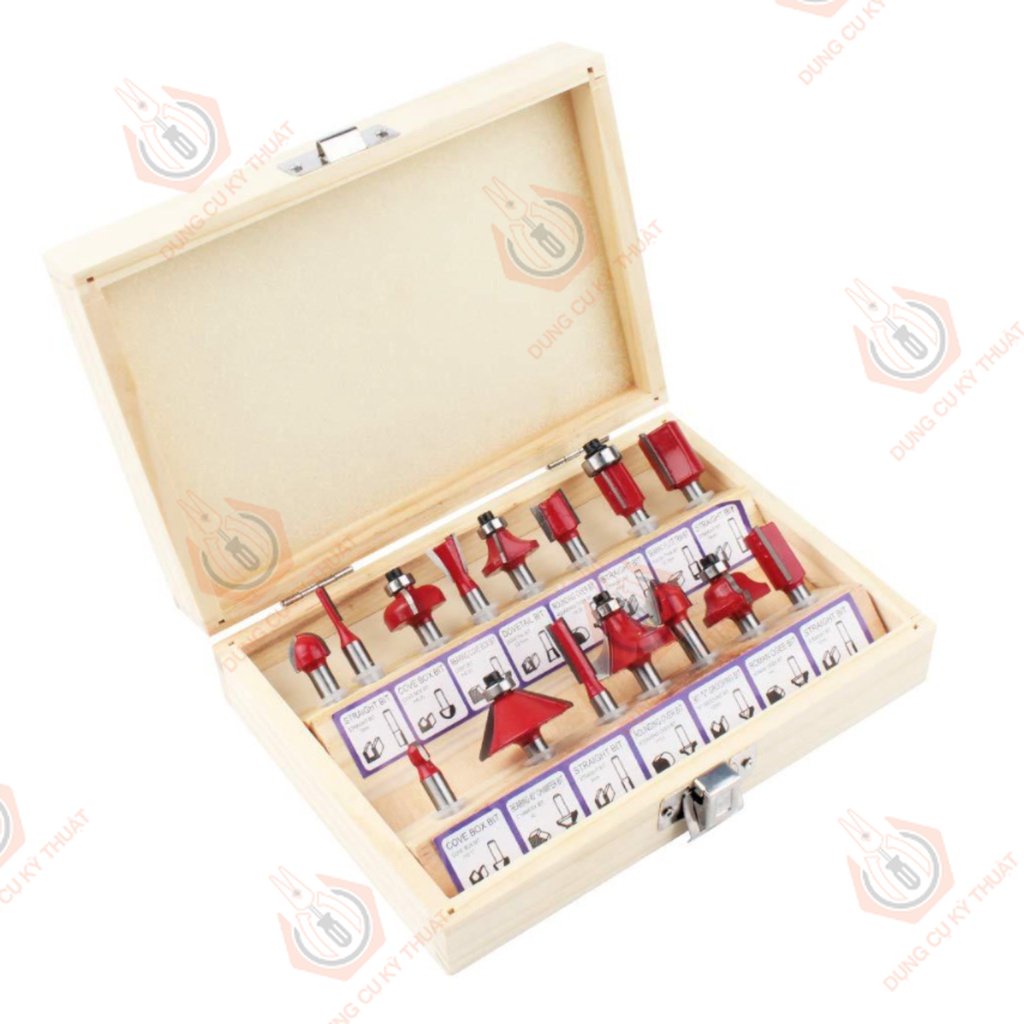 Bộ 15 mũi phay gỗ, bộ mũi soi gỗ 15 chi tiết 1/4 inch 6.35mm _