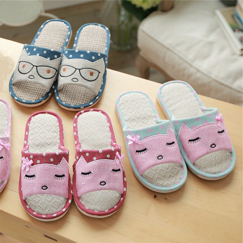 Women indoor slippers linen polka dot cat sandals, beach straw casual slippers company office home canvas slippers