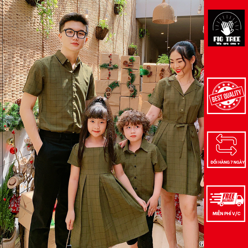 Set sơ mi váy gia đình fig tree mã 164b caro xanh rêu