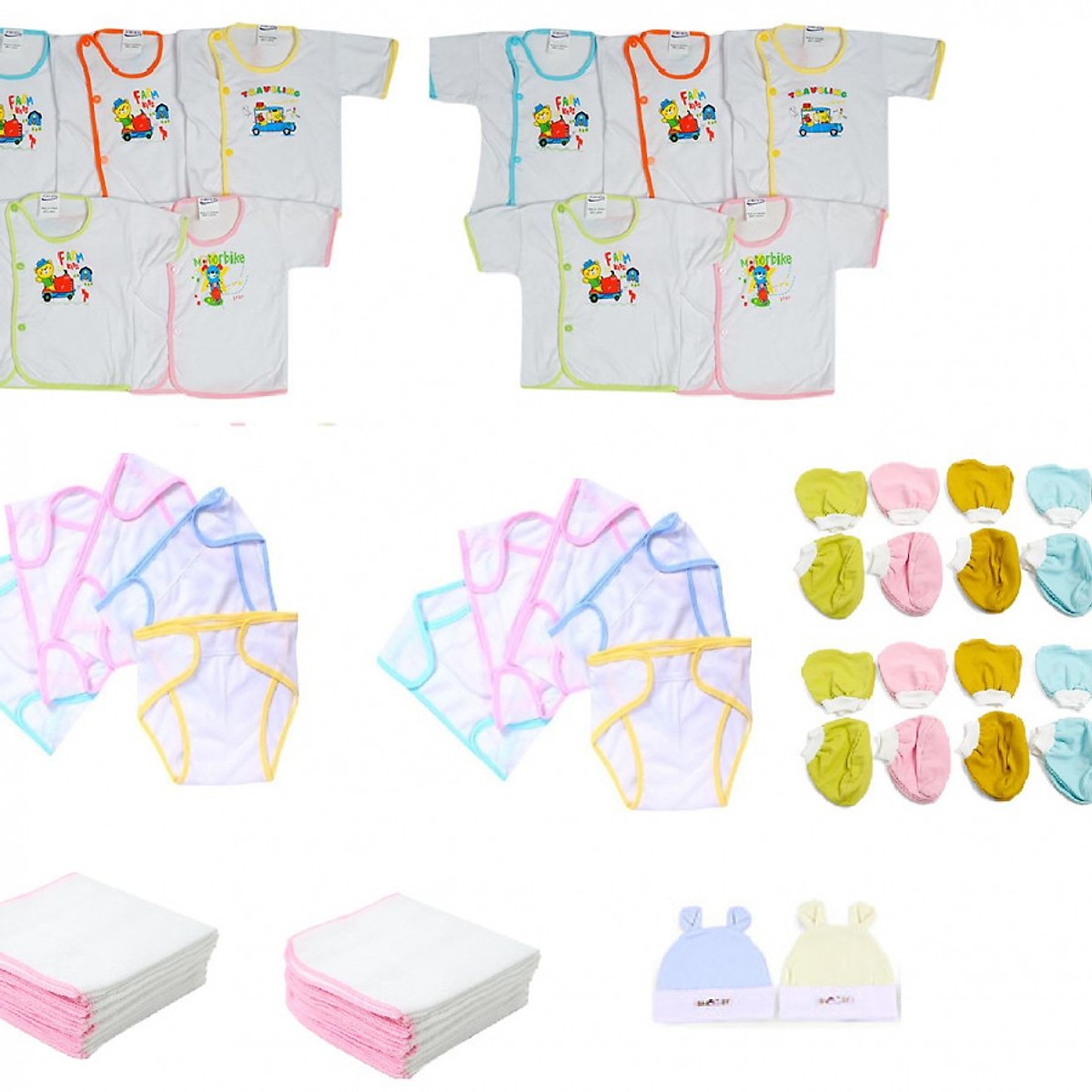 Set 52 món đồ dùng cho bé 10 áo 10 tã 10 khăn 10 cặp bao tay 10 cặp bao chân 2 nón