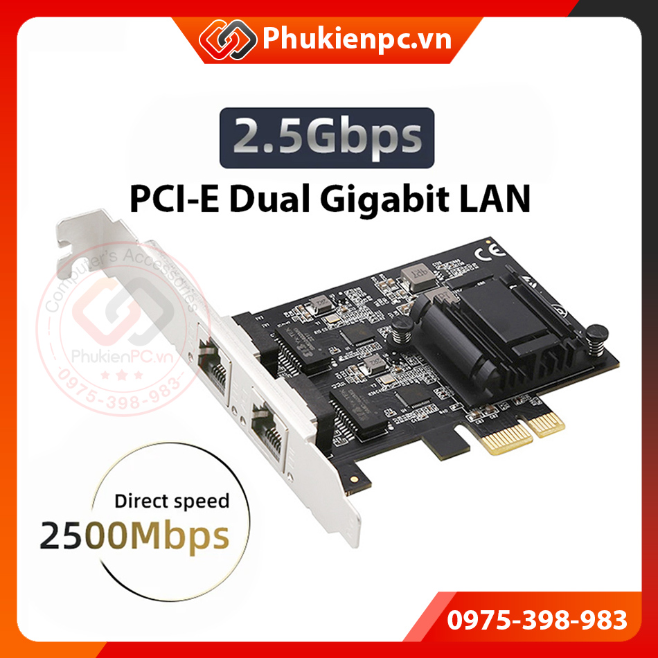 PCIe 1x to 2 port Lan RJ45 Ethernet 2.5 Gigabit network card for PC computer, server, industrial machine