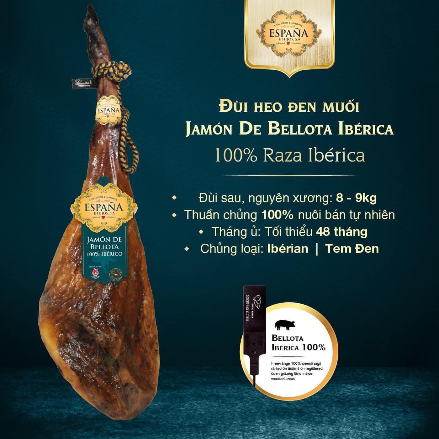 Đùi heo muối nguyên xương paleta de bellota 100% iberica, thời gian ủ 48 tháng, đùi lợn đen thuần chủng, loại đặc biệt, nặng 8kg hoặc 9kg, nhập tây ban nha, hàng chính hãng