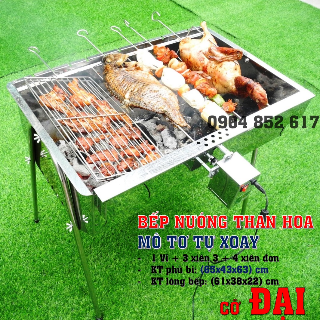 Bếp nướng than hoa TỰ XOAY, Quay cả con chim, gà, cá, sườn. 3KG/ xiên. CỠ ĐẠI, THIẾT KẾ MỚI 2020