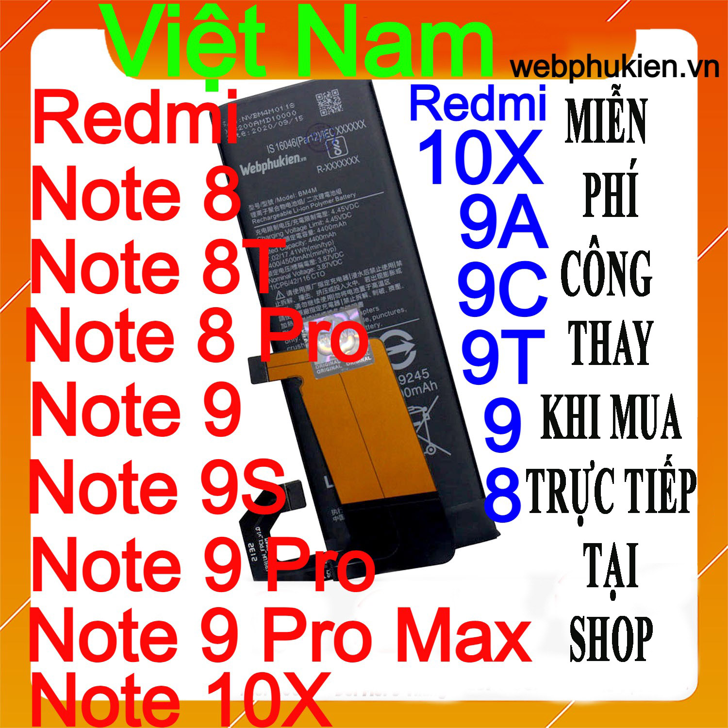 Pin Webphukien cho máy Xiaomi Redmi Note 8/Redmi 8/Redmi Note 8 Pro/Redmi Note 8T/Redmi 9/Redmi 9C/Redmi 9A/Redmi 9T/Redmi 10X 4G/Redmi Note 9 4G/Redmi Note 9 Pro Max/Redmi Note 10X 4G