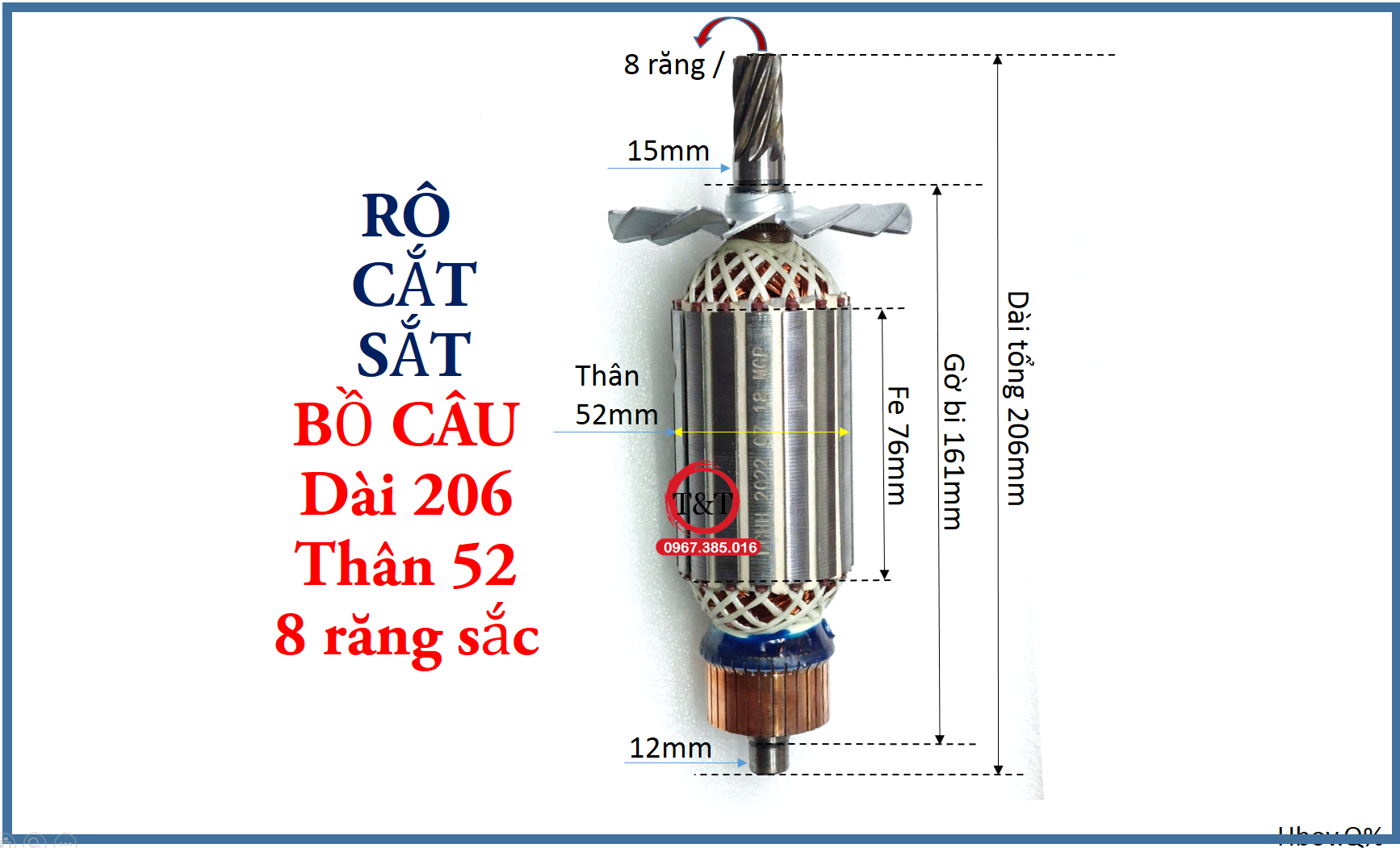 Rô to cắt sắt bồ câu dài 206 thân 52 8 răng dấu sắc, ruột cắt sắt thân 52