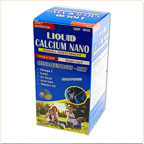 Viên uống Canxi tăng chiều cao, chắc khỏe xương, giảm loãng xương Liquid Calcium Nano - Hộp 100 viên dùng cho trẻ em trên 6 tuổi, người lớn, bà bầu HSD 2023 , sức khỏe 24h giá rẻ