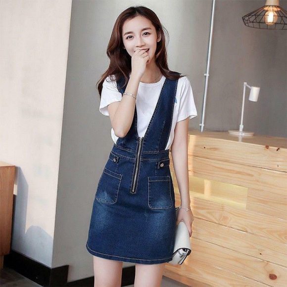 Đầm Yếm Jeans  Phối Dây Kéo D698