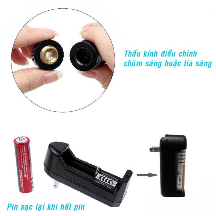 Đèn pin Laze 303 chiếu xa nhiều hình cực đẹp - Trọn bộ gồm đèn laser, bộ sạc, pin Li-ion, chìa khóa an toàn, sách hướng dẫn, hộp đựng sản phẩm