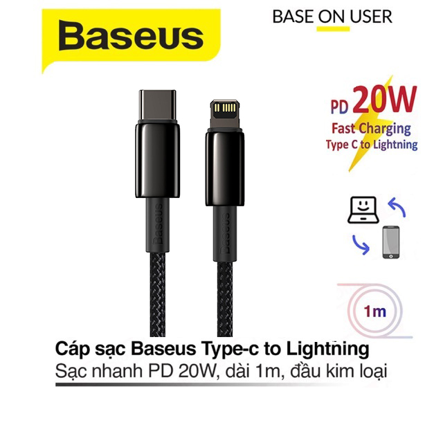 Cáp sạc nhanh PD 20W Baseus chân Type-C sang Lightning dây bọc dù chống đứt dài 1M cho iPhone/iPad