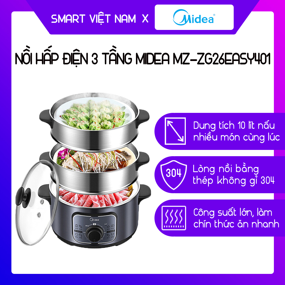 Nồi hấp điện 3 tầng midea mz-zg26easy401 - nồi midea chính hãng bảo hành 12 tháng