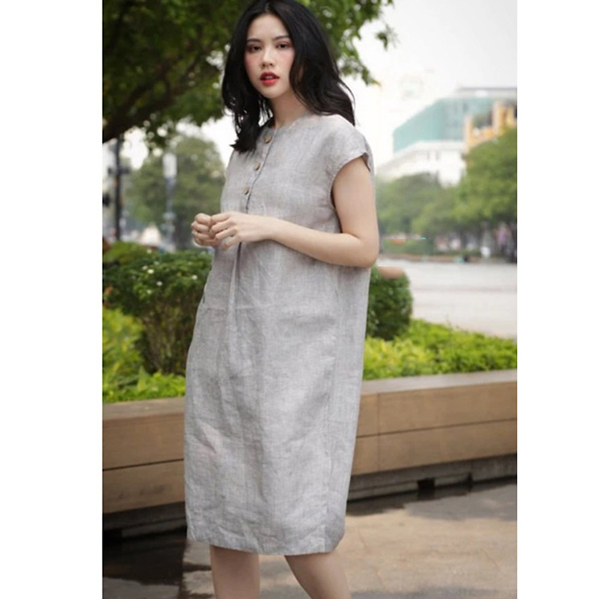 Đầm suông Linen bột Premium tay hến cúc ngực thêu hoa, đầm mặc tết trẻ trung dịu dàng