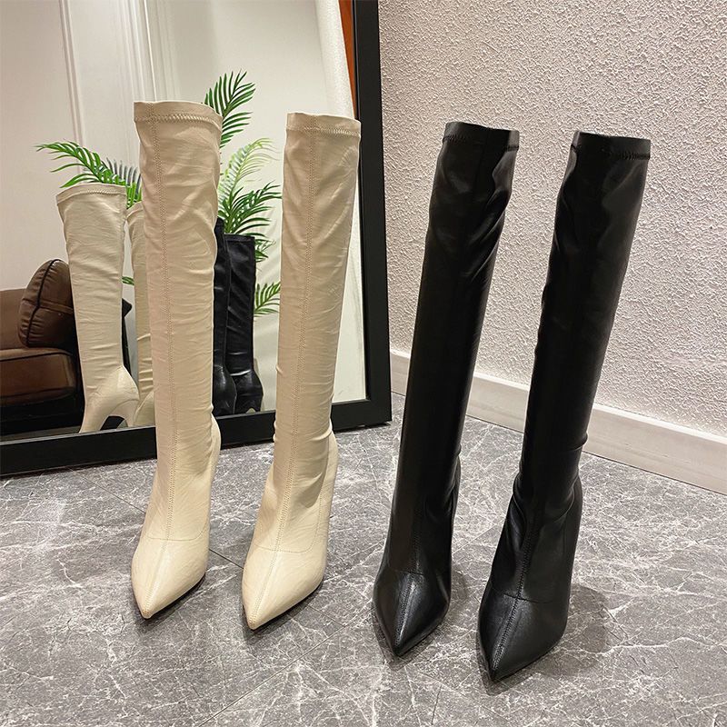 Bốt Cao Cổ Khóa Sờn Mũi Nhọn Đế 8cm Boot Da Mềm Full Box