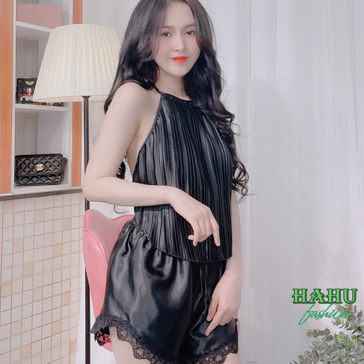 Đồ ngủ nữ chất lụa phi dập li dạng yếm xinh xắn DN30