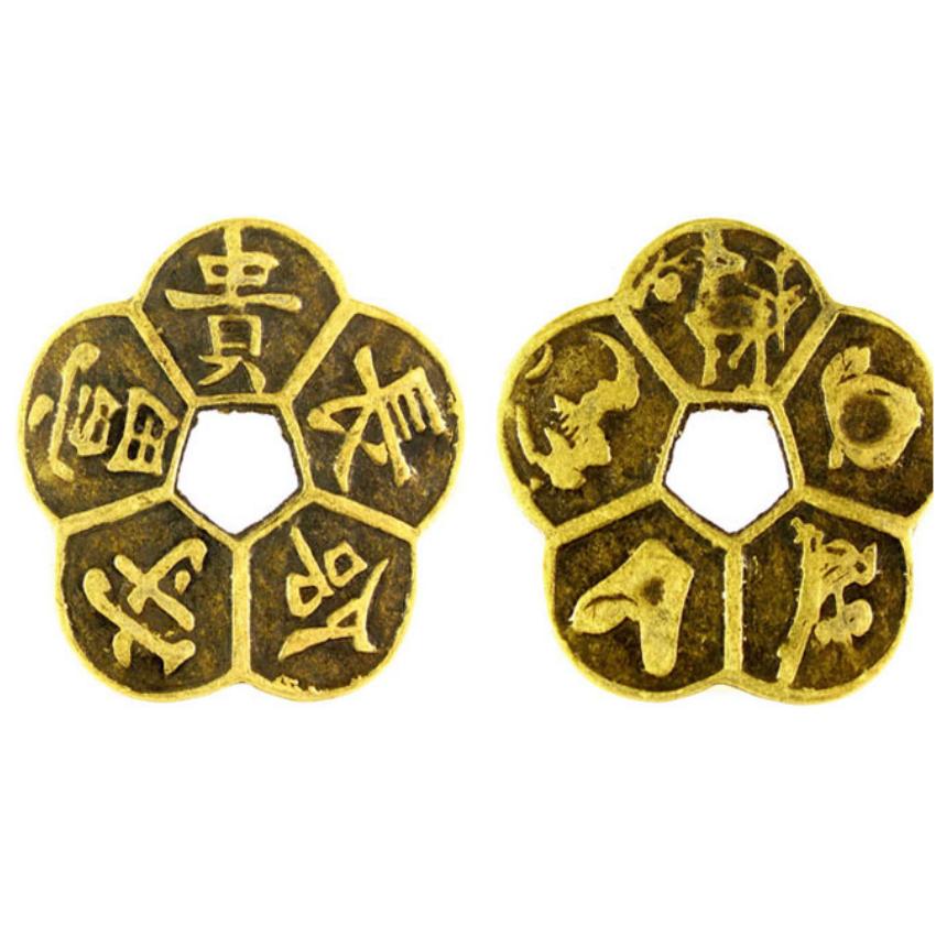 Bộ 2 đồng tiền hoa mai 5 cánh - đồng xu hoa mai kim tiền 5 cánh - brown -206570 -hq plaza