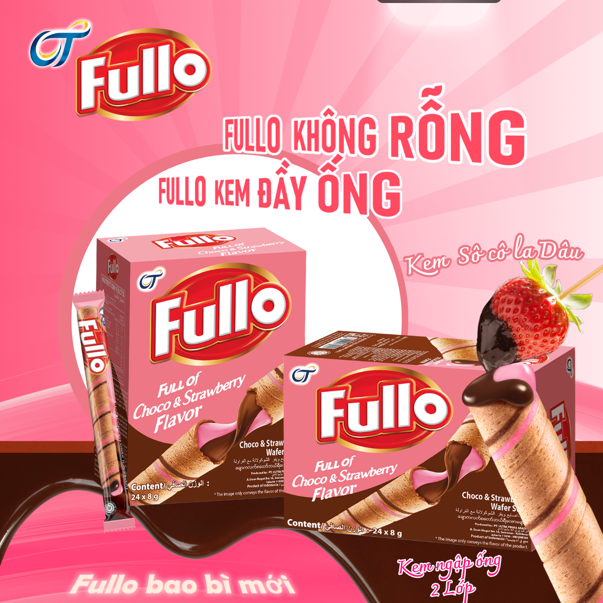 Combo 4 Hộp bánh quế Fullo (4 vị Socola + Vani + Socola vani + Socola Dâu - 1 hộp/ 24 cây)