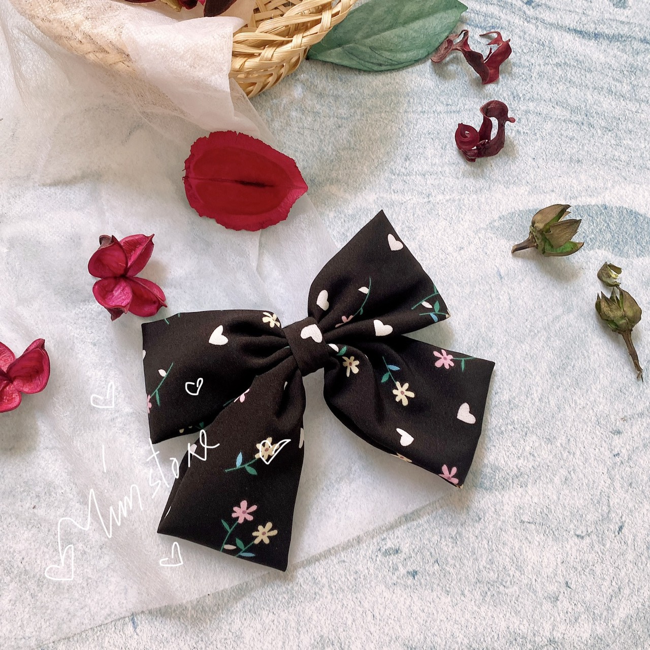 KẸP TÓC NƠ VẢI LỤA HOA TIM K, KẸP TÓC VẢI THỜI TRANG NỮ HOT TREND