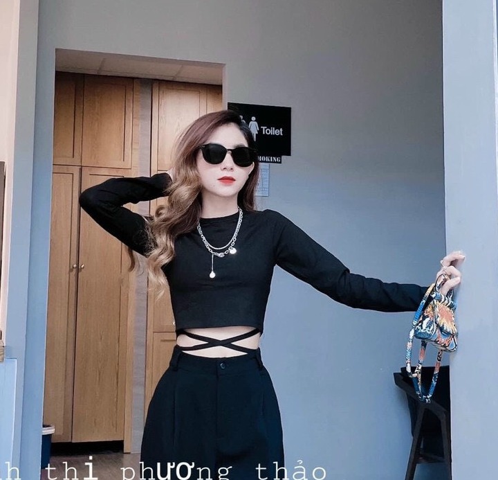 Áo kiểu croptop tay dài cột dây eo cực xinh , chất thun lụa mềm mịn mát
