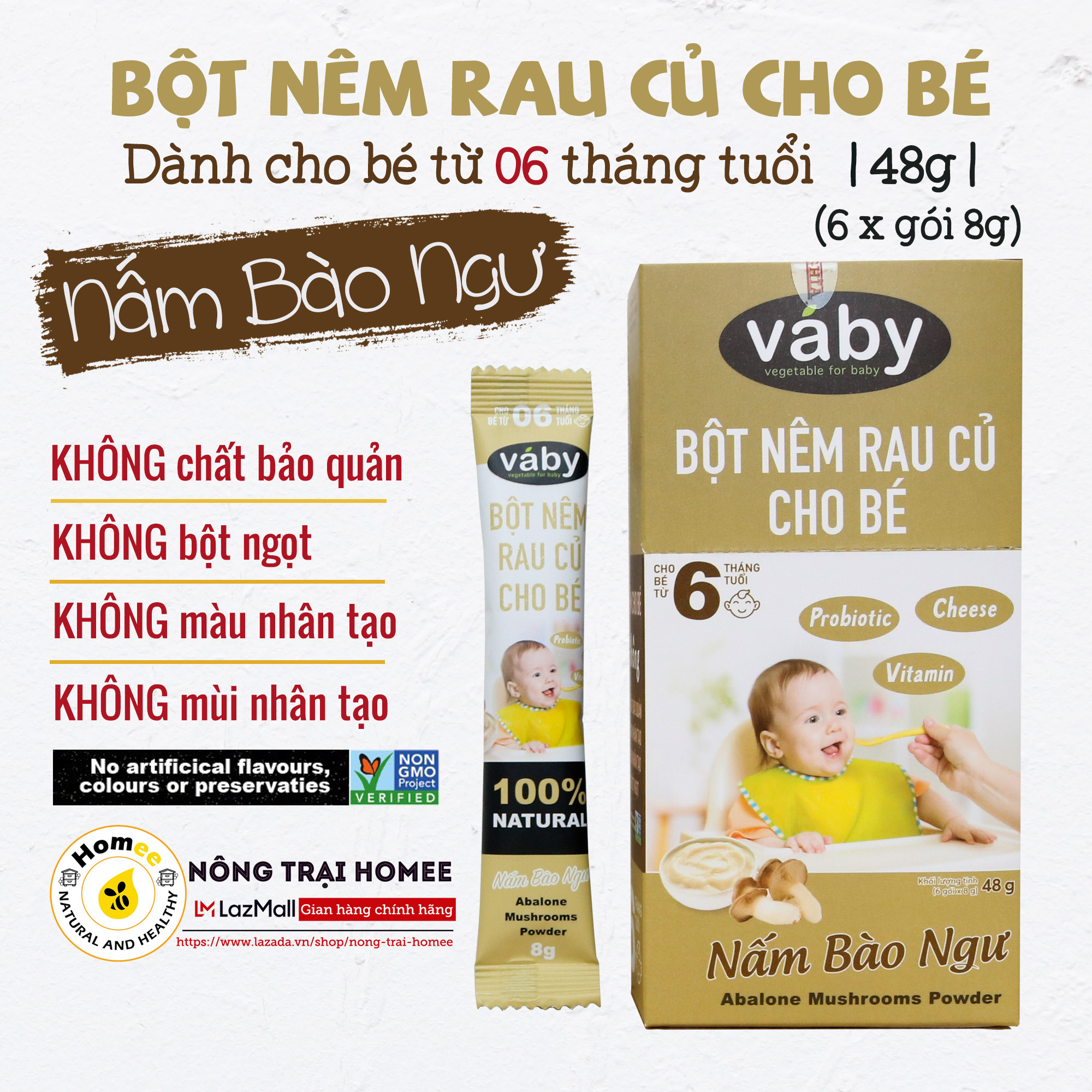 Bột nêm Nấm Bào Ngư Phô Mai dành cho bé ăn dặm VABY Hộp 48g