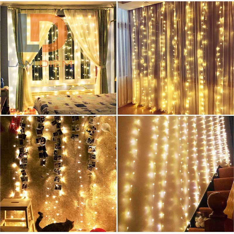 đèn trang trí dạng màn thác nước 3m x 2m5 bóng 180 bóng led v8 rũ 10 sợi nhiều chế độ chớp