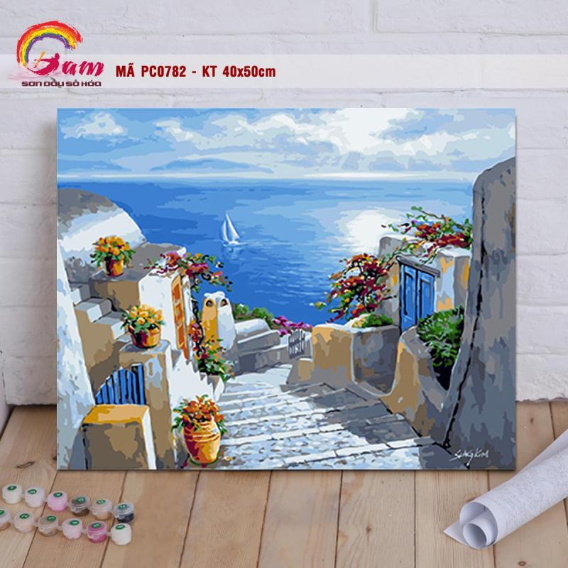 Tranh tô màu theo số phong cảnh thiên nhiên - Mã PC0782 Tranh sơn dầu số hóa biển Địa Trung Hải Santorini