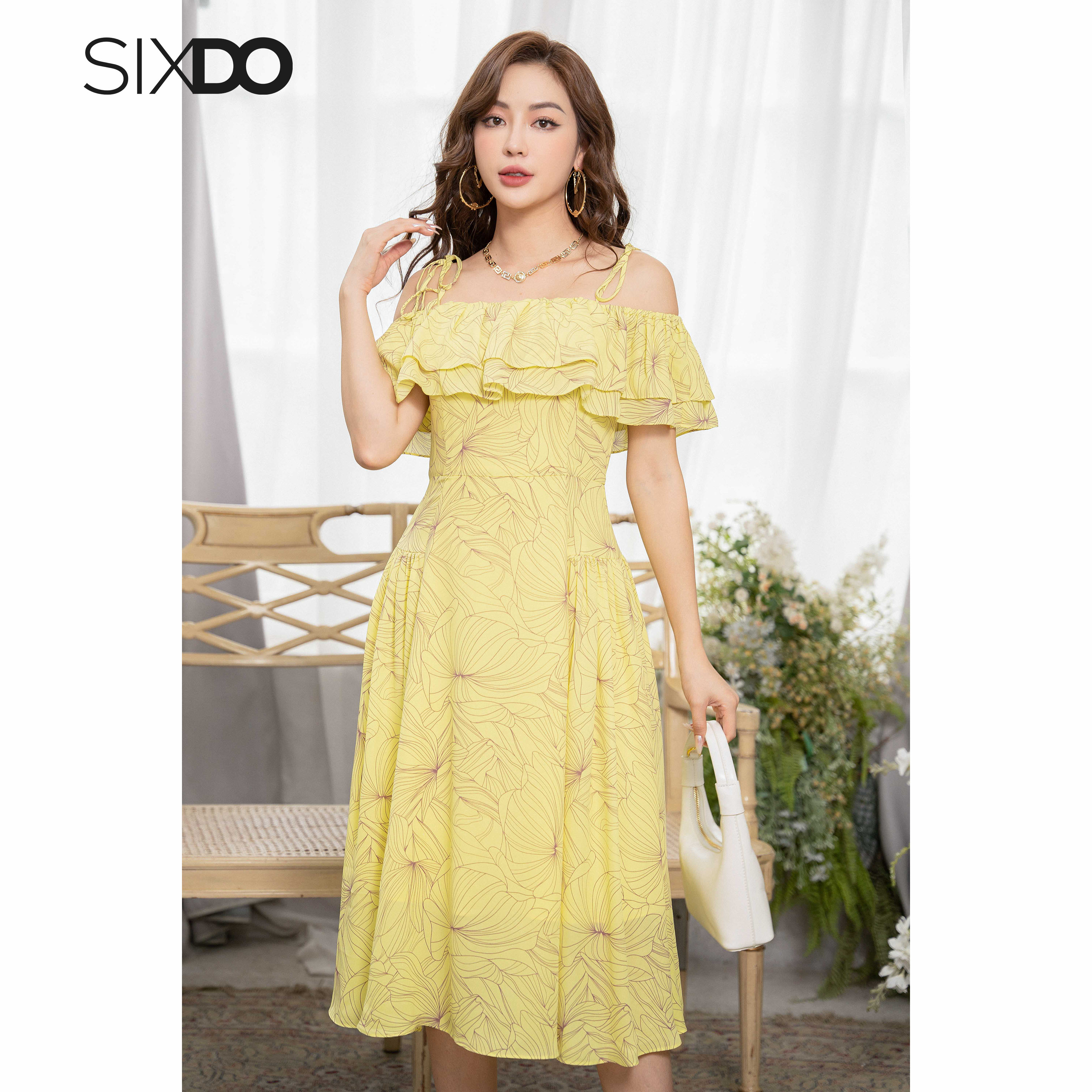 Đầm vàng trễ vai hai dây SIXDO (Lime Floral Midi Chiffon Dress)
