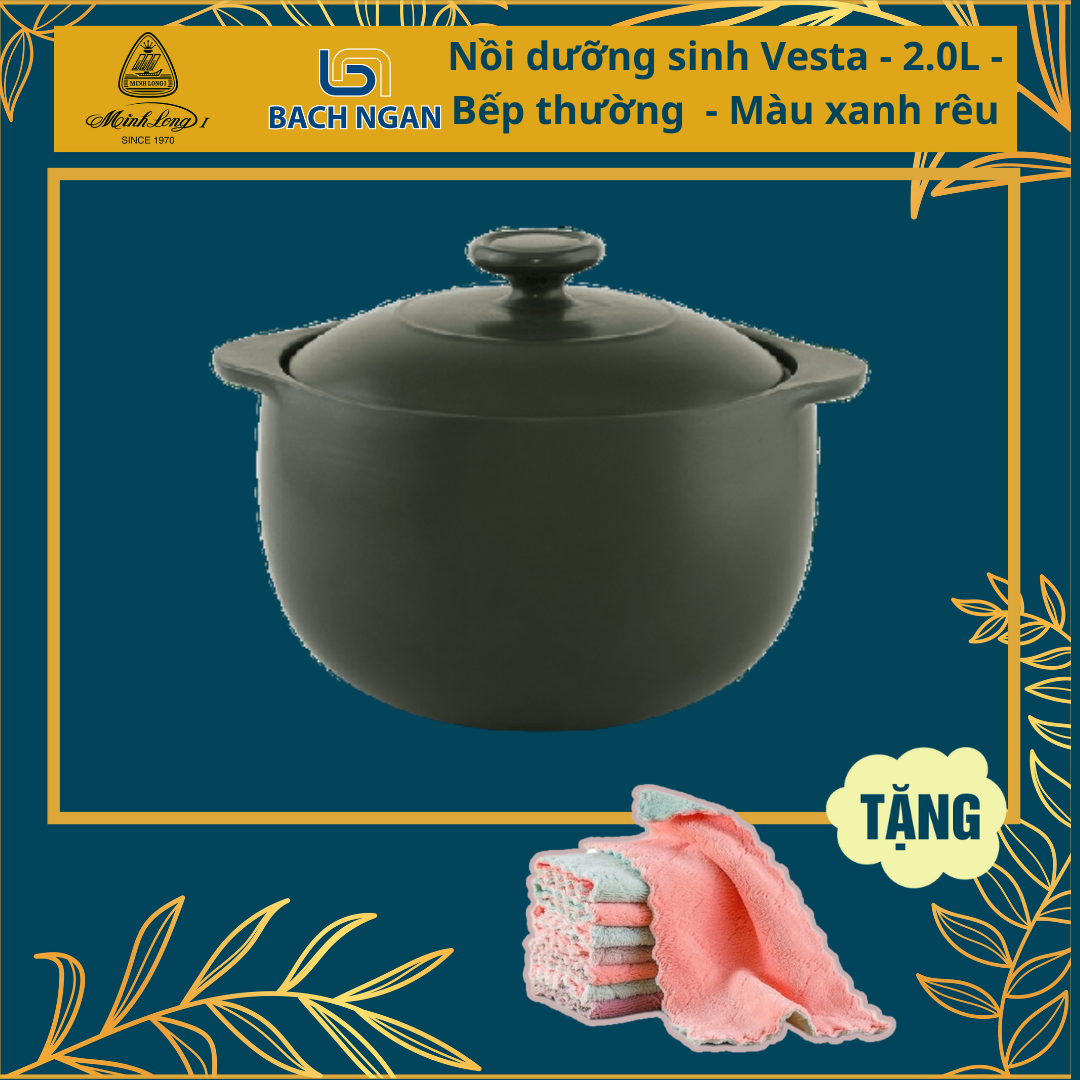 Nồi Sứ Dưỡng Sinh Minh Long Vesta 2.0L Dùng Cho Bếp Ga, Hồng Ngoại, Có Nắp, Dùng Kho Cá, Hầm Cháo, Tốt Cho Sức Khỏe - Xanh rêu