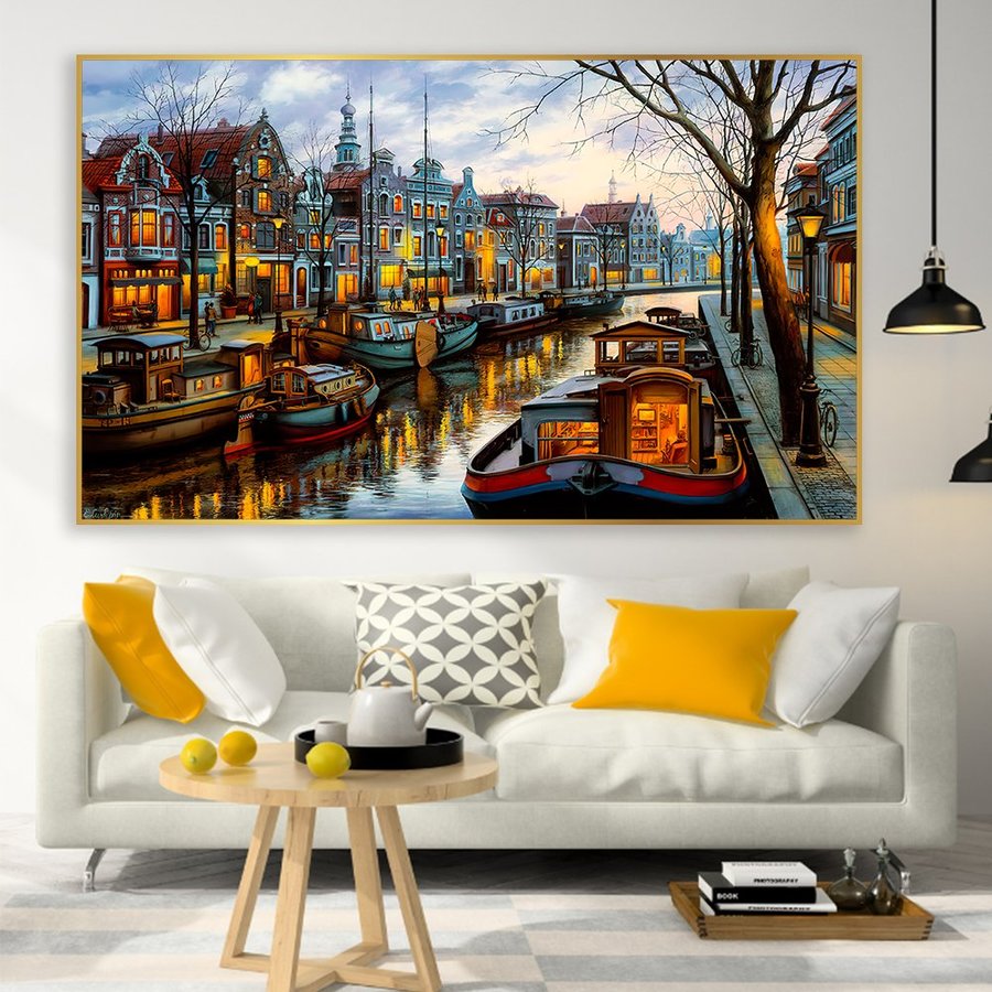 Bức tranh treo tường Phong cảnh phố cổ sơn dầu tranh nghệ thuật Tranh vải canvas chống thấm decor phòng khách phòng ngủ quán cà phê tặng kèm đinh tranh ngang cỡ lớn
