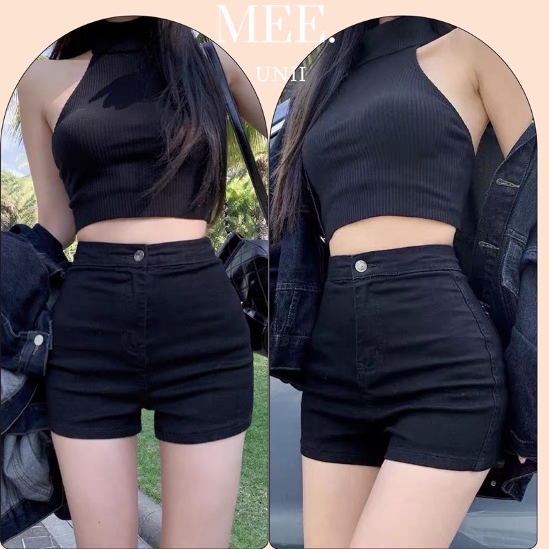 Quần short jeans kaki cạp cao