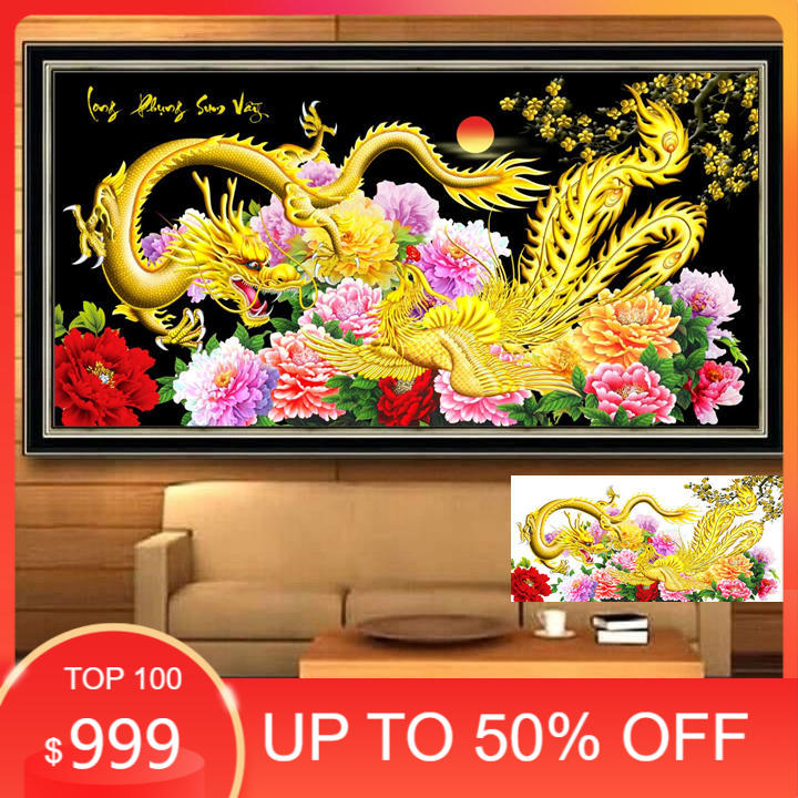 Tranh đính đá Long phụng sum vầy nền đen 120x60 cm