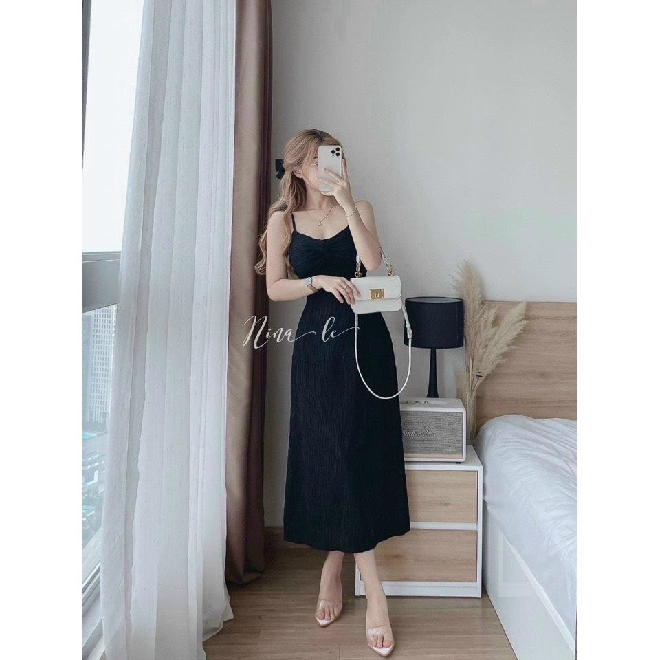Đầm maxi vân sóng 2 dây đi biển, Váy basic 2 dây dáng suông HTD393